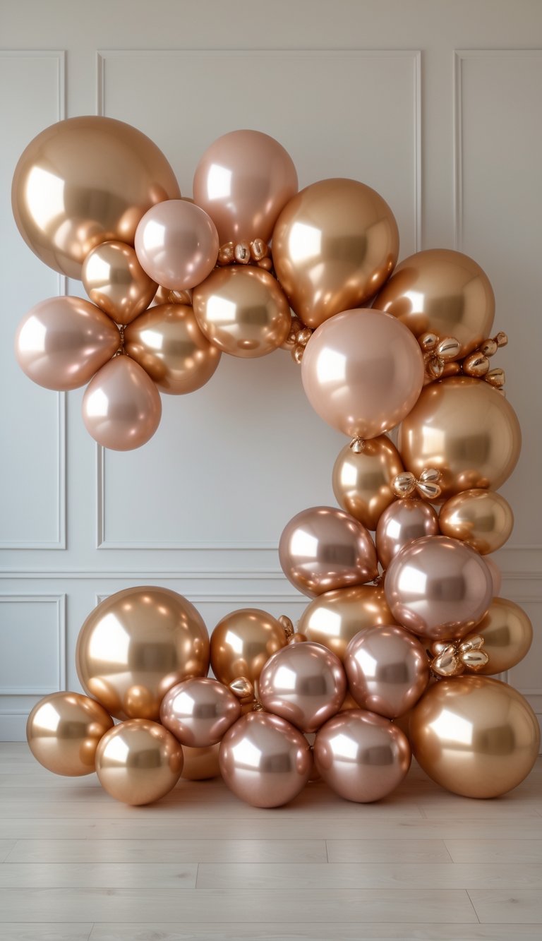 A balloon garland made of metallic gold and rose gold balloons arranged in a flowing design against a plain light background.